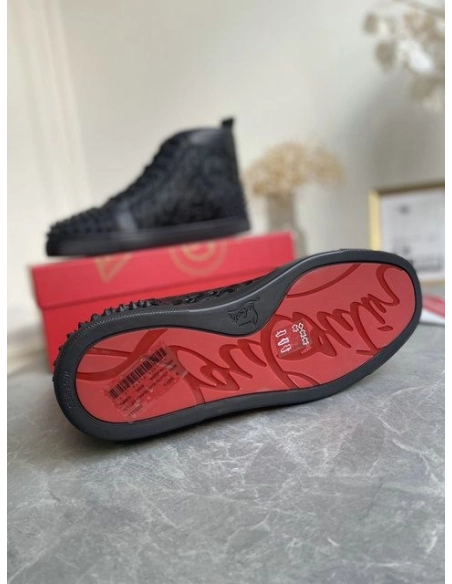 Discount Christian Louboutin Lou Spikes 2 High Top Sneakers Calf Leather Monogram-jacquard Black Outlet