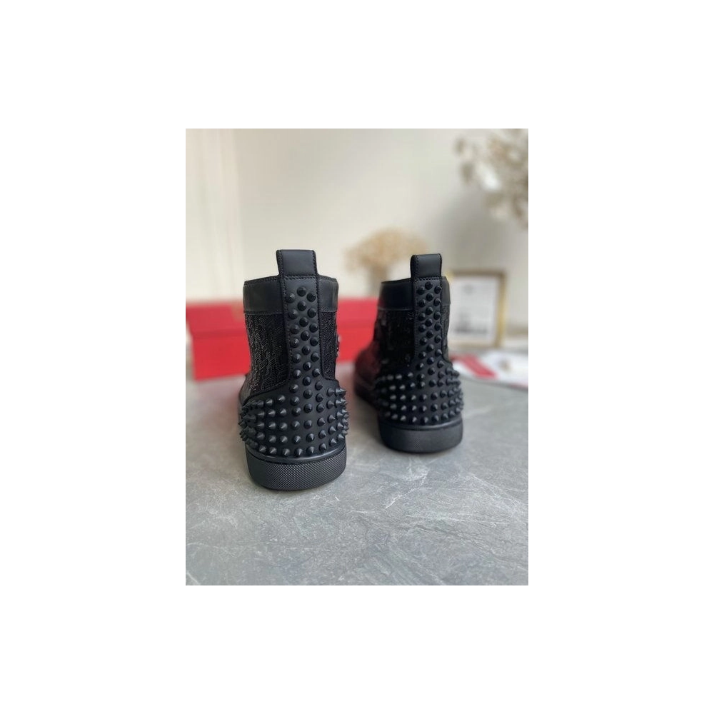 Discount Christian Louboutin Lou Spikes 2 High Top Sneakers Calf Leather Monogram-jacquard Black Outlet