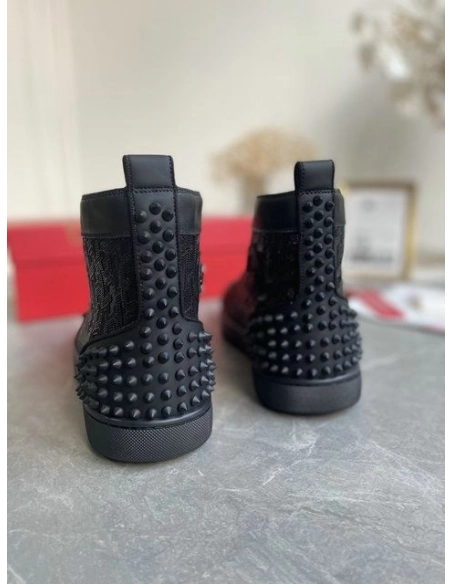 Discount Christian Louboutin Lou Spikes 2 High Top Sneakers Calf Leather Monogram-jacquard Black Outlet