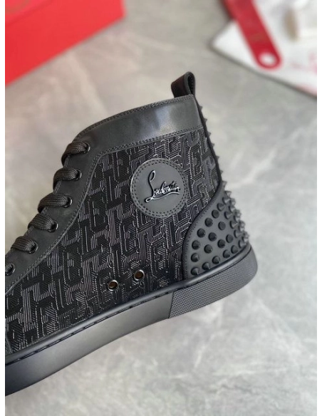 Discount Christian Louboutin Lou Spikes 2 High Top Sneakers Calf Leather Monogram-jacquard Black Outlet