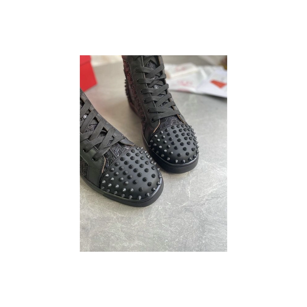 Discount Christian Louboutin Lou Spikes 2 High Top Sneakers Calf Leather Monogram-jacquard Black Outlet