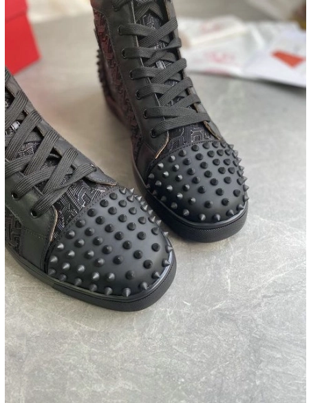 Discount Christian Louboutin Lou Spikes 2 High Top Sneakers Calf Leather Monogram-jacquard Black Outlet