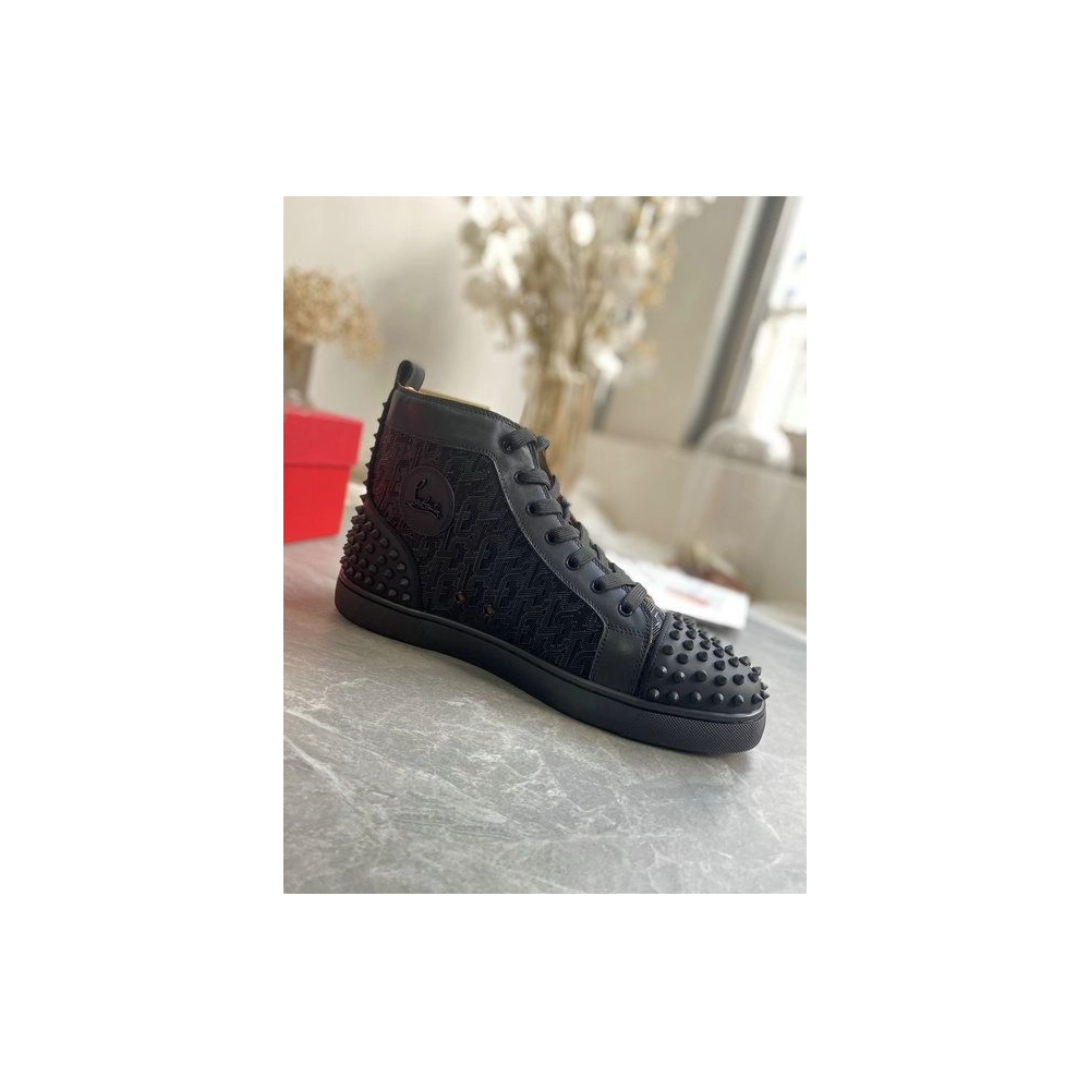 Discount Christian Louboutin Lou Spikes 2 High Top Sneakers Calf Leather Monogram-jacquard Black Outlet