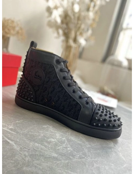 Discount Christian Louboutin Lou Spikes 2 High Top Sneakers Calf Leather Monogram-jacquard Black Outlet