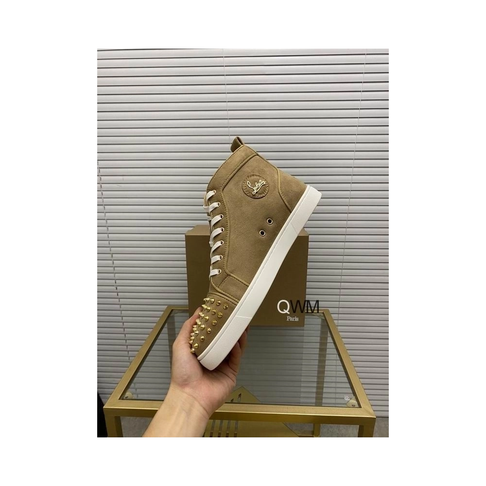 Fake Christian Louboutin Lou Spikes Orlato Flat High Top Sneakers Veau Velours Beige