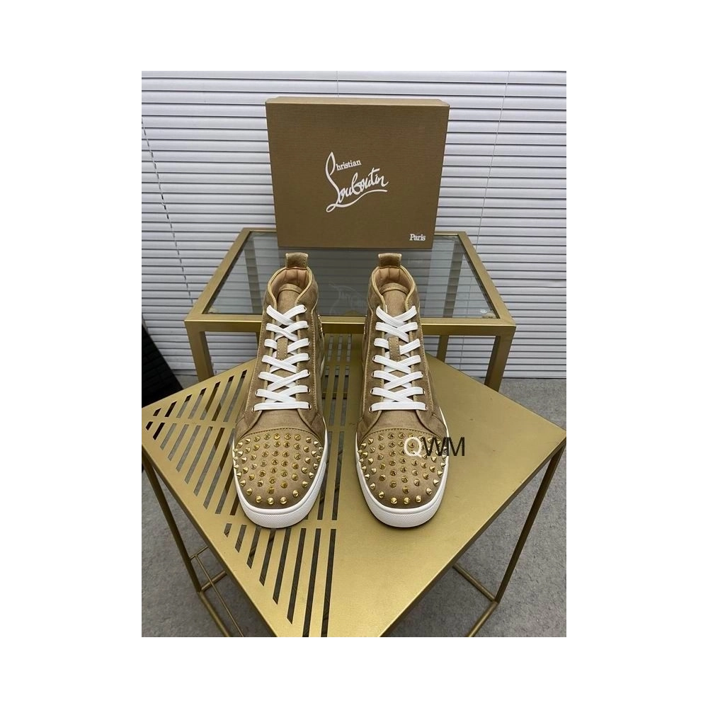 Fake Christian Louboutin Lou Spikes Orlato Flat High Top Sneakers Veau Velours Beige
