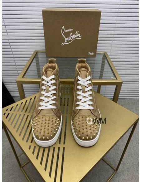 Fake Christian Louboutin Lou Spikes Orlato Flat High Top Sneakers Veau Velours Beige