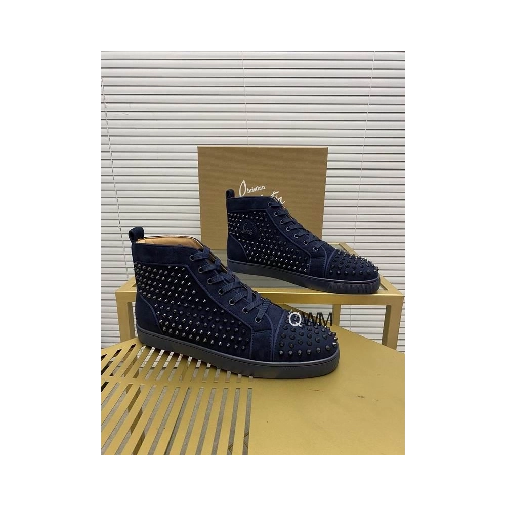 Cheap Christian Louboutin Louis Orlato High Top Sneakers Veau Velours Navy Blue for Sale