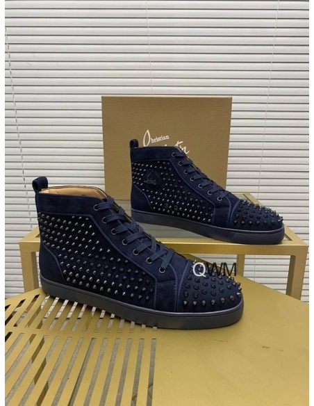 Cheap Christian Louboutin Louis Orlato High Top Sneakers Veau Velours Navy Blue for Sale