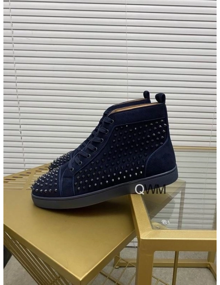 Cheap Christian Louboutin Louis Orlato High Top Sneakers Veau Velours Navy Blue for Sale