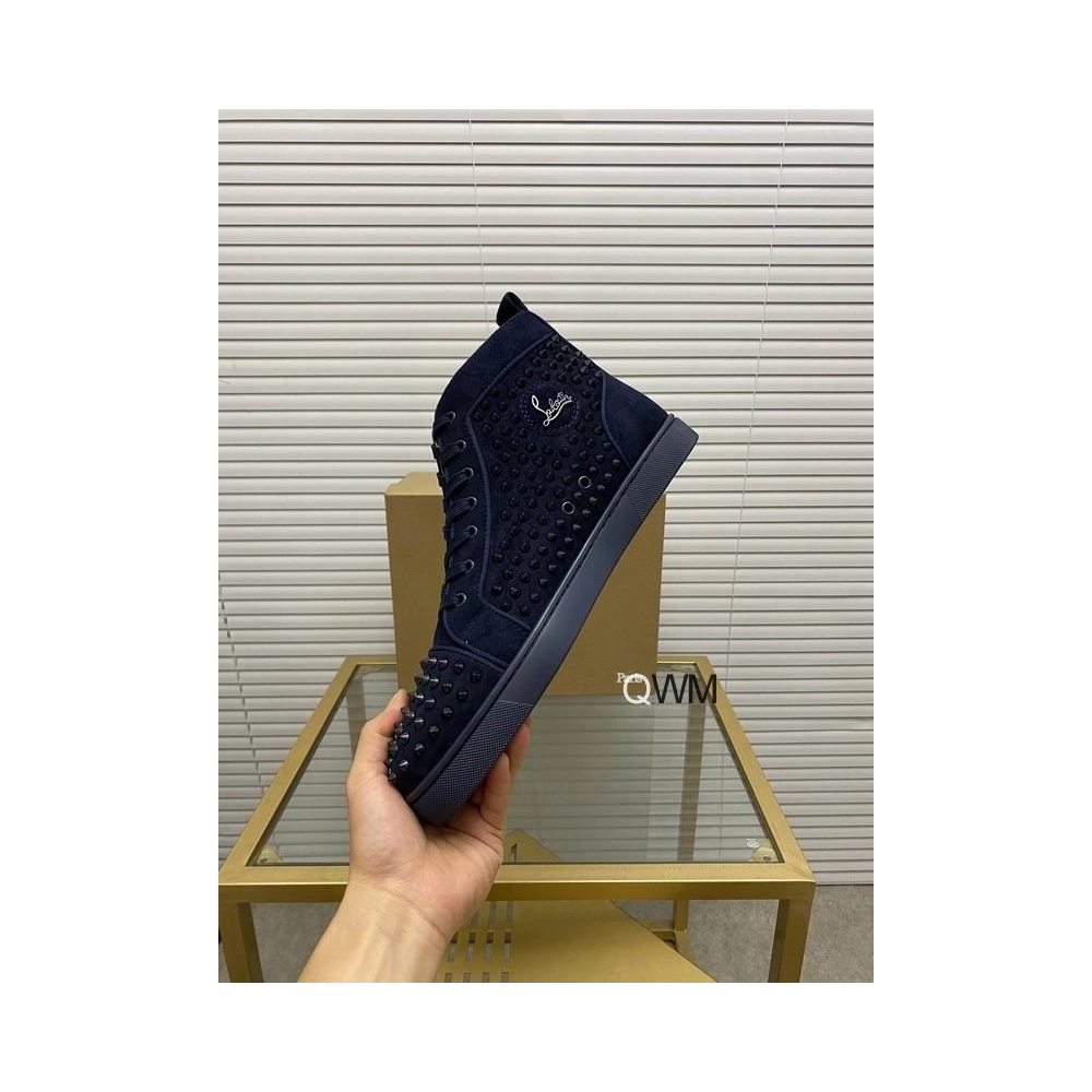 Cheap Christian Louboutin Louis Orlato High Top Sneakers Veau Velours Navy Blue for Sale