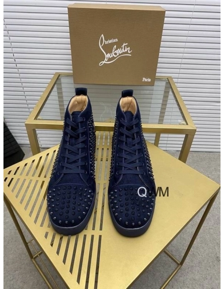 Cheap Christian Louboutin Louis Orlato High Top Sneakers Veau Velours Navy Blue for Sale