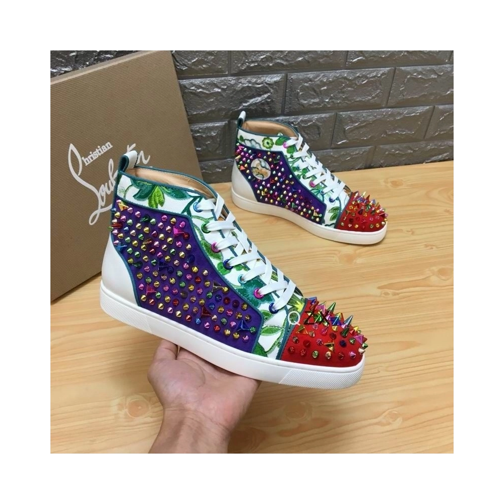 Fake Christian Louboutin Louis Spikes High-top Sneakers Suede And Leather Multicolor