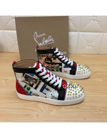 Cheap Christian Louboutin Lou Spikes Orlato High-top Sneakers Velvet and Calf Multicolor for Sale