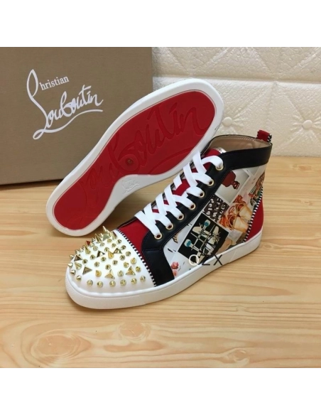 Cheap Christian Louboutin Lou Spikes Orlato High-top Sneakers Velvet and Calf Multicolor for Sale