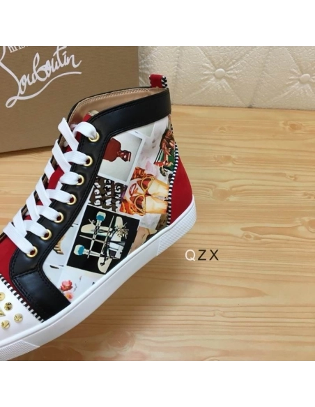 Cheap Christian Louboutin Lou Spikes Orlato High-top Sneakers Velvet and Calf Multicolor for Sale