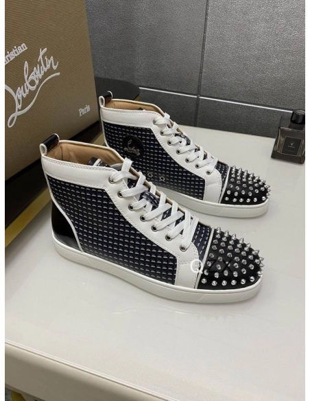 Fake Christian Louboutin Lou Spikes Orlato High-top Sneakers Canvas And Leather Black White Navy
