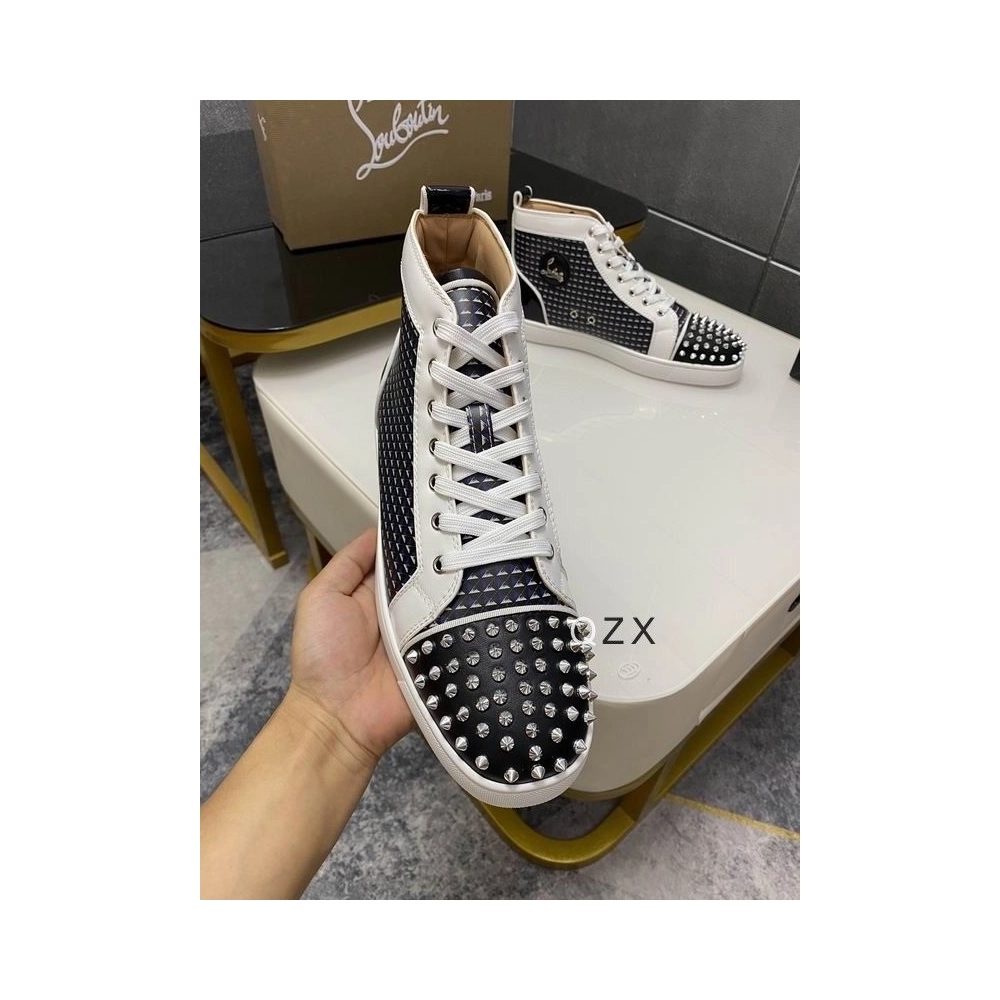 Fake Christian Louboutin Lou Spikes Orlato High-top Sneakers Canvas And Leather Black White Navy