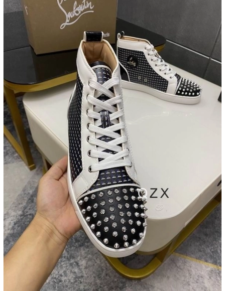 Fake Christian Louboutin Lou Spikes Orlato High-top Sneakers Canvas And Leather Black White Navy