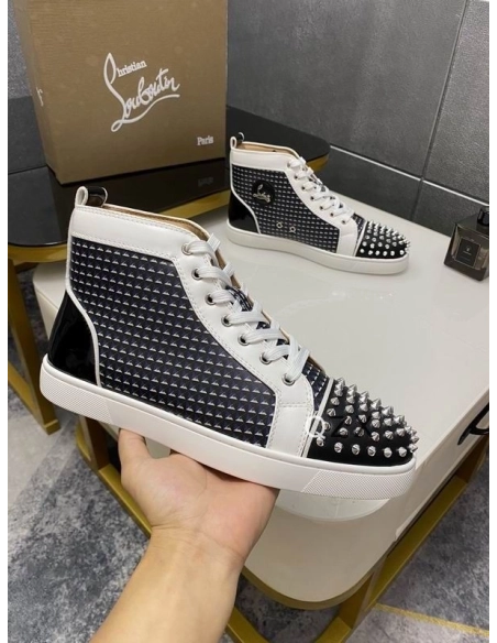 Fake Christian Louboutin Lou Spikes Orlato High-top Sneakers Canvas And Leather Black White Navy
