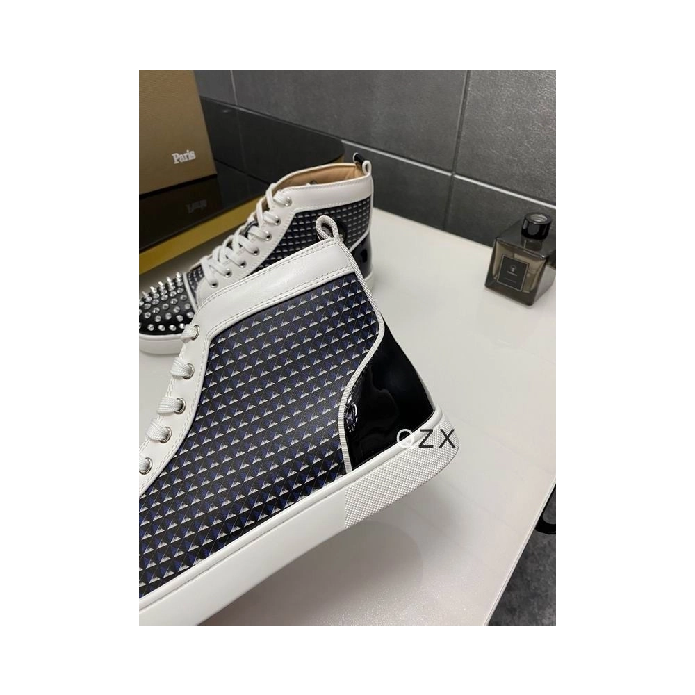 Fake Christian Louboutin Lou Spikes Orlato High-top Sneakers Canvas And Leather Black White Navy
