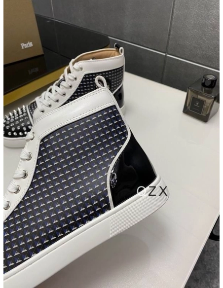 Fake Christian Louboutin Lou Spikes Orlato High-top Sneakers Canvas And Leather Black White Navy