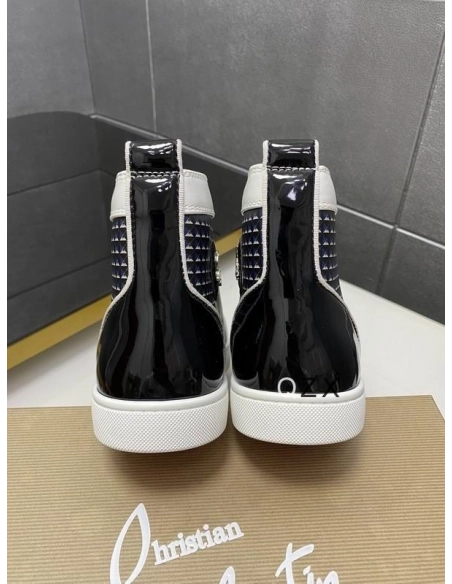 Fake Christian Louboutin Lou Spikes Orlato High-top Sneakers Canvas And Leather Black White Navy