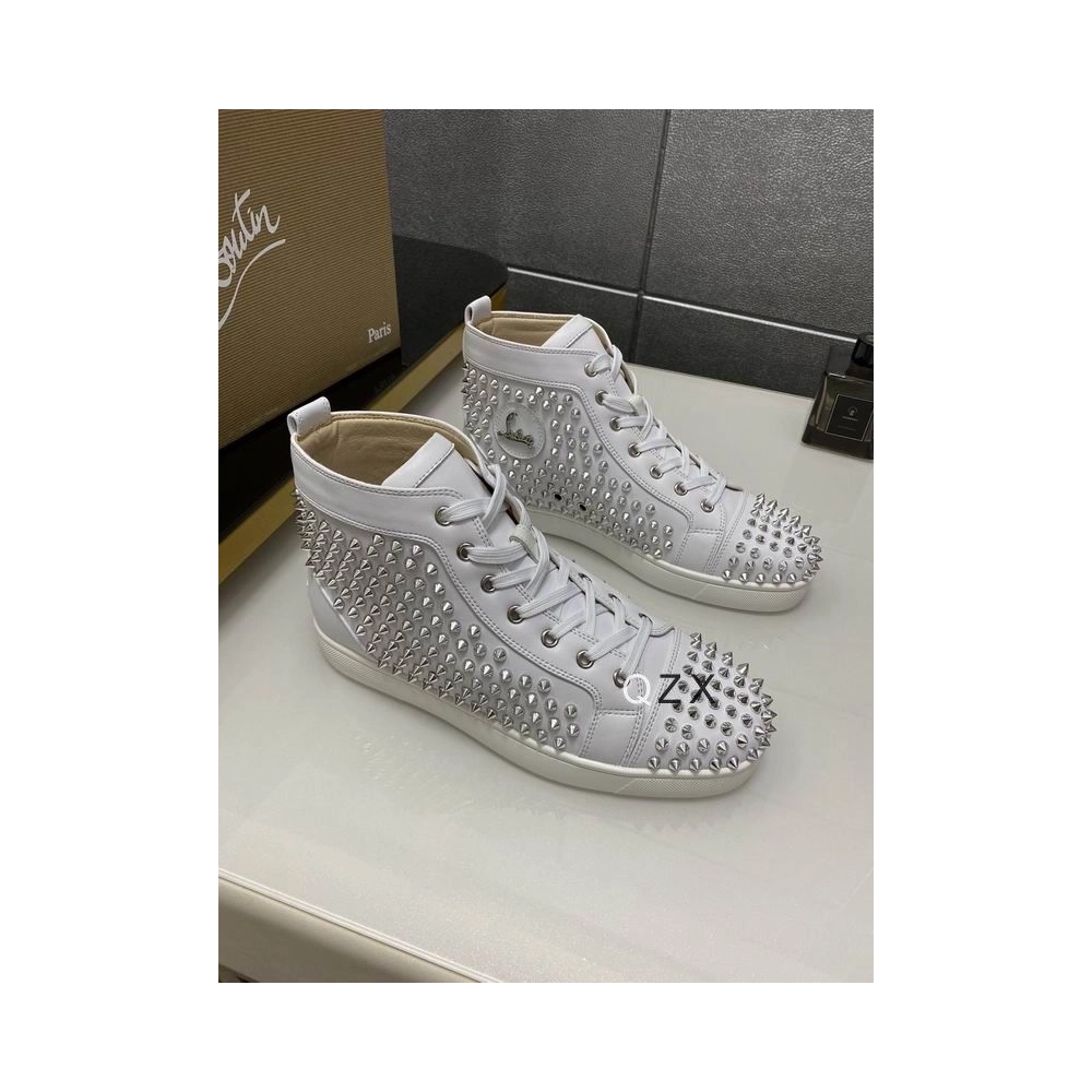 Fake Christian Louboutin Louis Spike High-top Sneakers Calfskin White, Knockoff Christian Louboutin Shoes