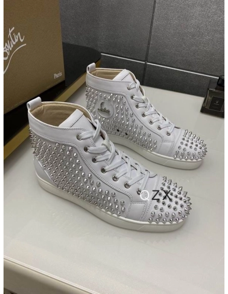Fake Christian Louboutin Louis Spike High-top Sneakers Calfskin White, Knockoff Christian Louboutin Shoes