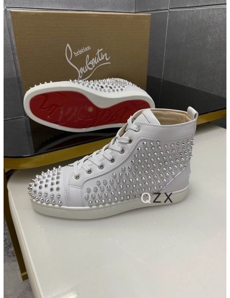 Fake Christian Louboutin Louis Spike High-top Sneakers Calfskin White, Knockoff Christian Louboutin Shoes