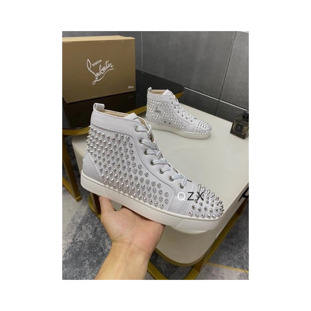 Fake Christian Louboutin Louis Spike High-top Sneakers Calfskin White, Knockoff Christian Louboutin Shoes