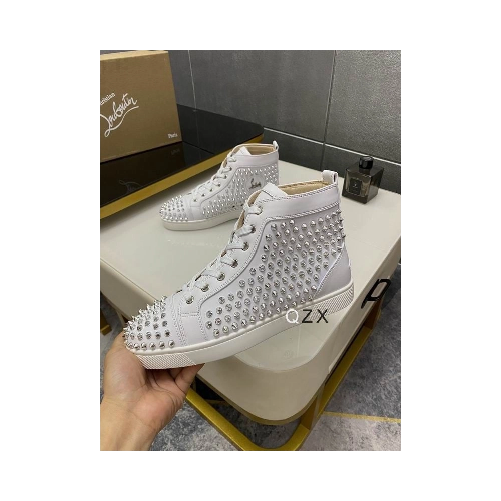 Fake Christian Louboutin Louis Spike High-top Sneakers Calfskin White, Knockoff Christian Louboutin Shoes