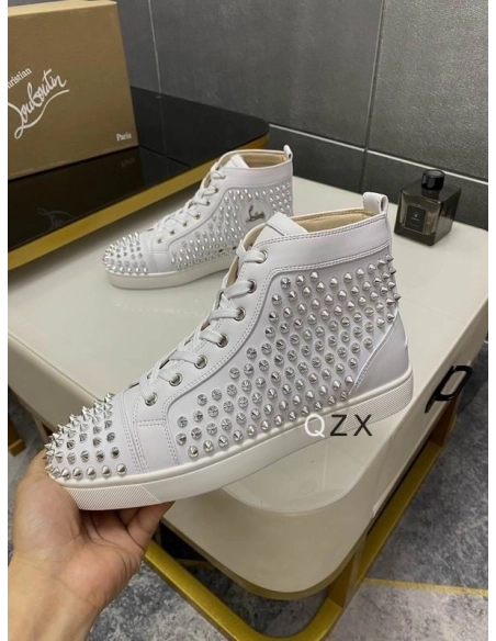 Fake Christian Louboutin Louis Spike High-top Sneakers Calfskin White, Knockoff Christian Louboutin Shoes