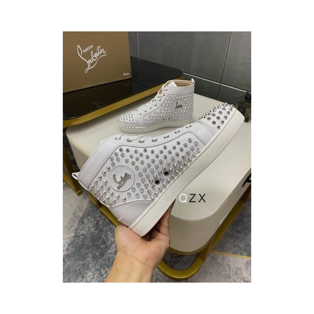 Fake Christian Louboutin Louis Spike High-top Sneakers Calfskin White, Knockoff Christian Louboutin Shoes