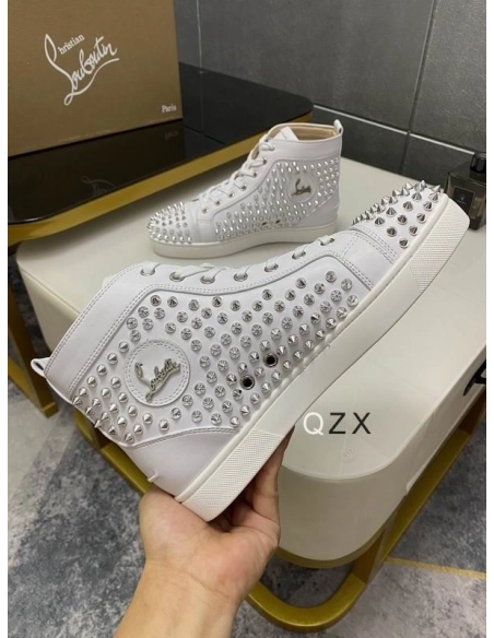 Fake Christian Louboutin Louis Spike High-top Sneakers Calfskin White, Knockoff Christian Louboutin Shoes