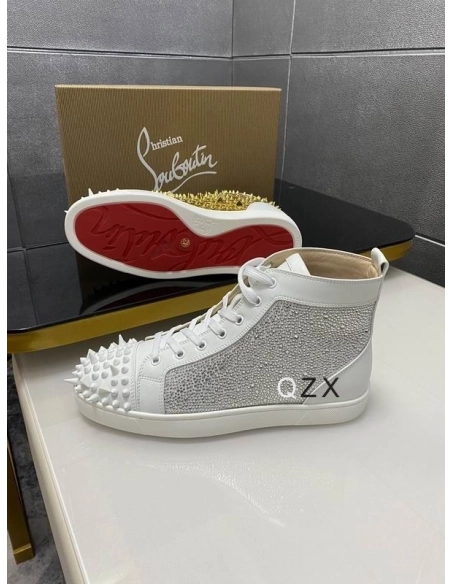Discount Christian Louboutin Lou Spikes High-top Sneakers Strass and Spikes White Gold Outlet