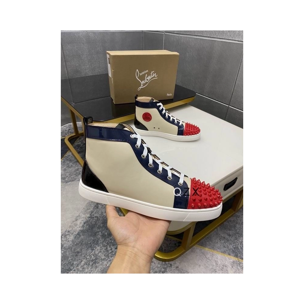 Fake Christian Louboutin Spikes Flat Men Sneakers Patent Leather Multicolor