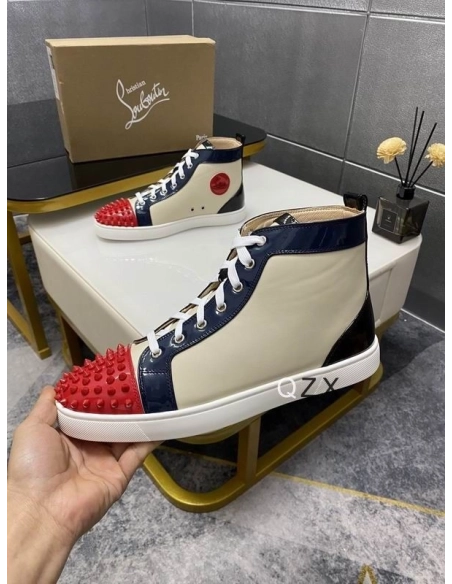 Fake Christian Louboutin Spikes Flat Men Sneakers Patent Leather Multicolor