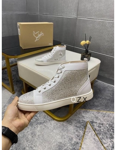 Replica Christian Louboutin Louis Strass High-top Sneakers Calfskin White