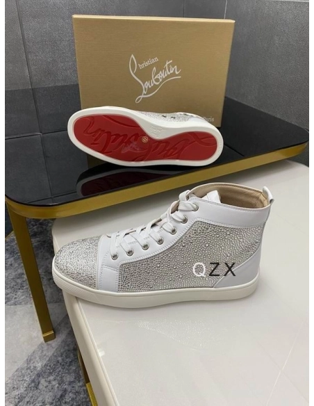 Replica Christian Louboutin Louis Strass High-top Sneakers Calfskin White