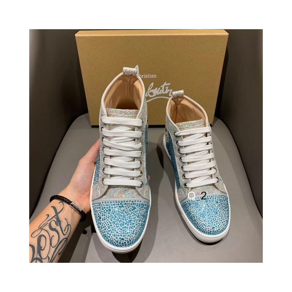 Replica Christian Louboutin High Top Sneakers Strass Embellished Glitter Leather Blue