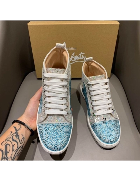 Replica Christian Louboutin High Top Sneakers Strass Embellished Glitter Leather Blue