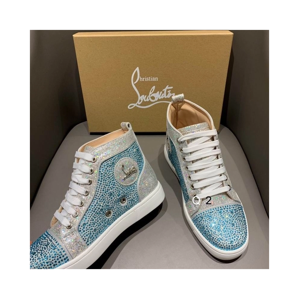 Replica Christian Louboutin High Top Sneakers Strass Embellished Glitter Leather Blue