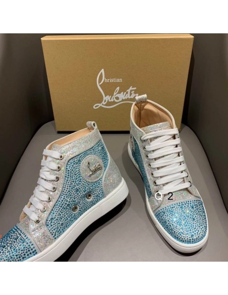 Replica Christian Louboutin High Top Sneakers Strass Embellished Glitter Leather Blue