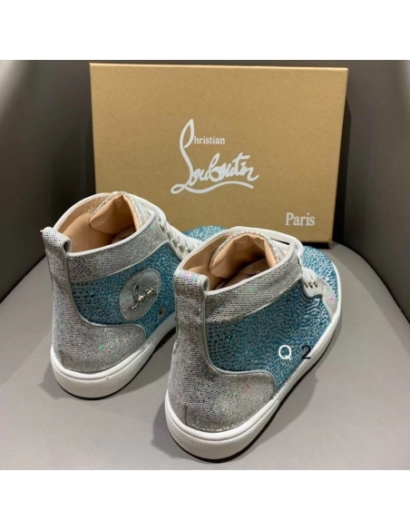 Replica Christian Louboutin High Top Sneakers Strass Embellished Glitter Leather Blue