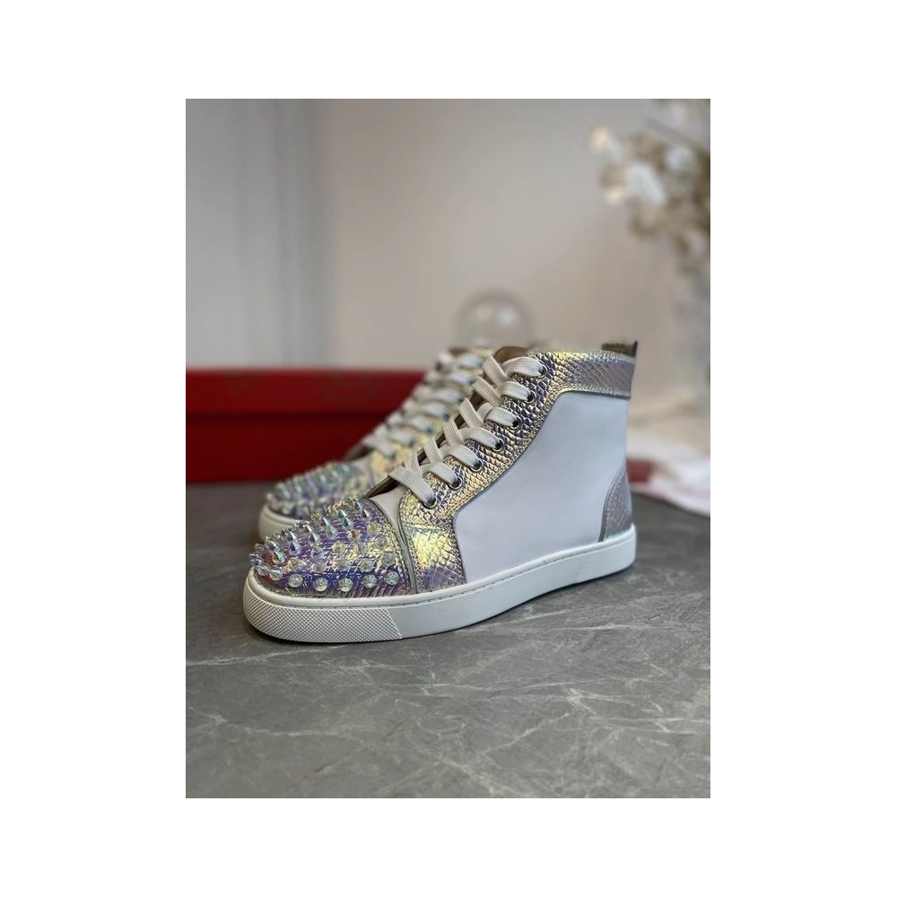 Fake Christian Louboutin Lou Spikes High-top Sneakers Metallic Leather White Silver