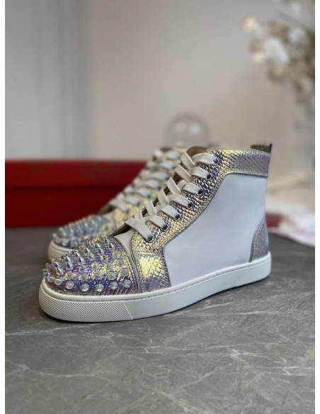 Fake Christian Louboutin Lou Spikes High-top Sneakers Metallic Leather White Silver
