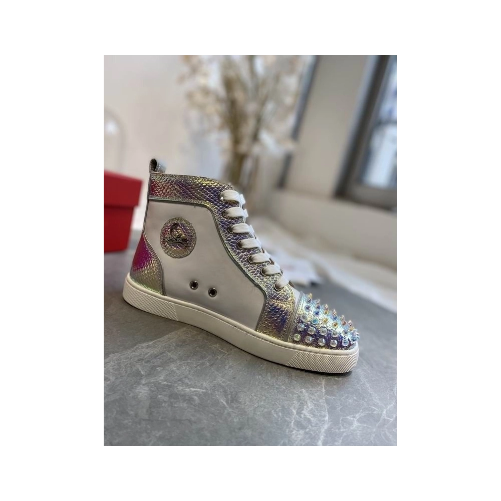 Fake Christian Louboutin Lou Spikes High-top Sneakers Metallic Leather White Silver