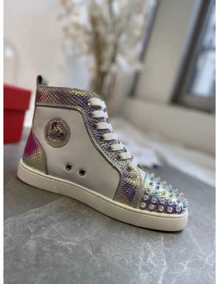 Fake Christian Louboutin Lou Spikes High-top Sneakers Metallic Leather White Silver