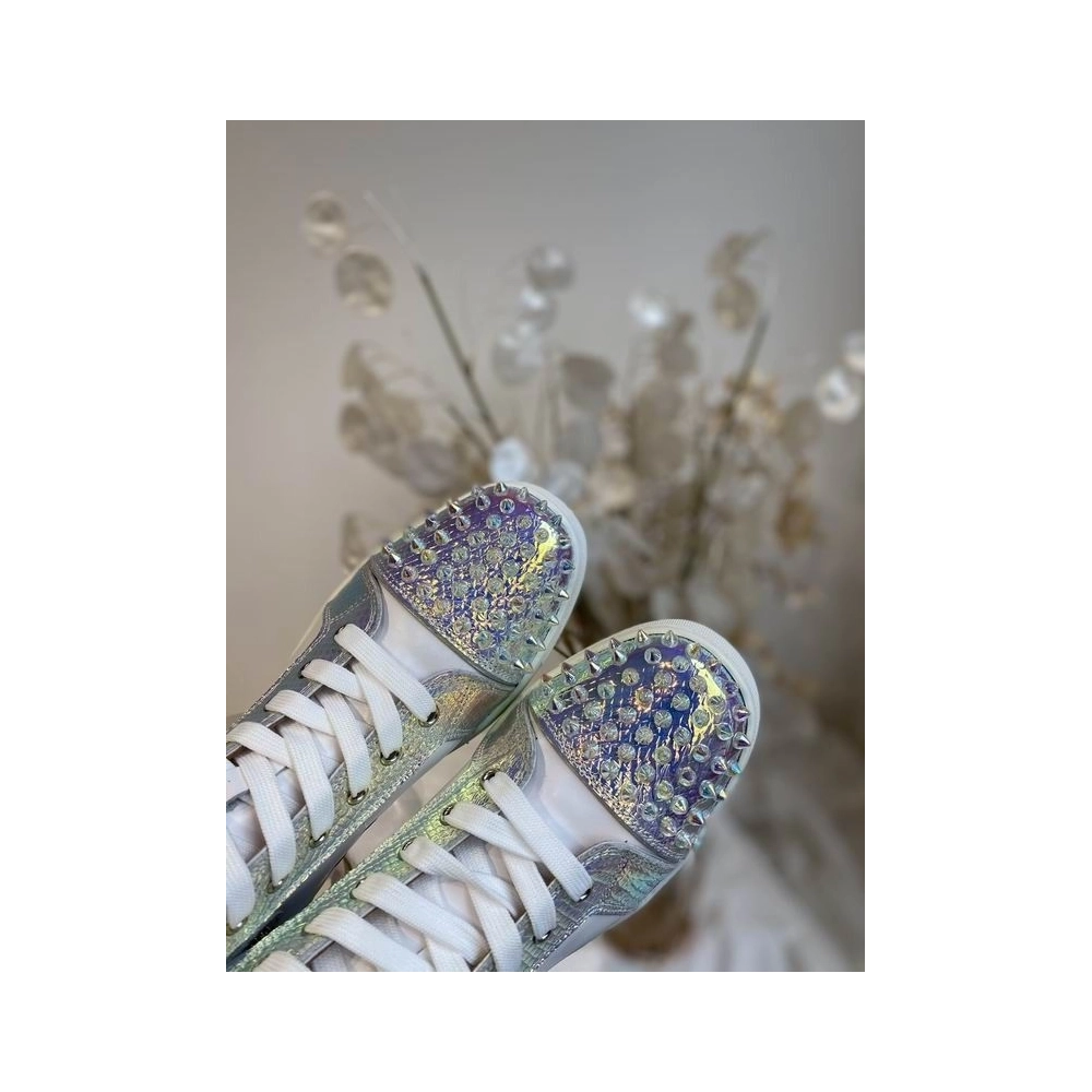 Fake Christian Louboutin Lou Spikes High-top Sneakers Metallic Leather White Silver